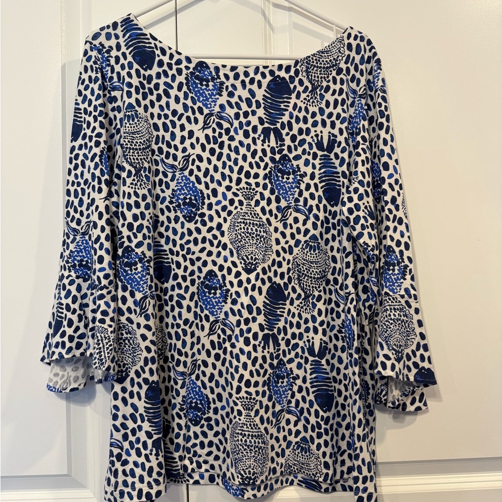 Lilly Pulitzer Blue & White High Tide Heart & Sole Top Blouse Bell Sleeve XL